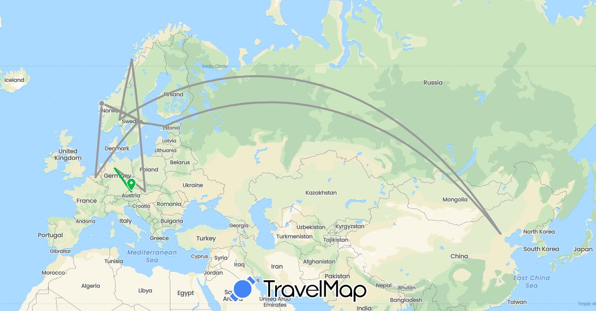TravelMap itinerary: driving, bus, plane in Austria, Belgium, China, Germany, Estonia, Norway, Sweden, Slovakia (Asia, Europe)